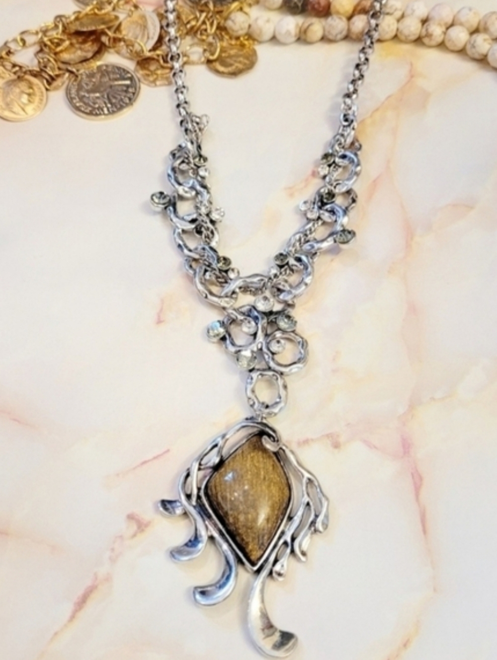 Vintage Bohemian Artisan Catseye Stone & Crystal Silver Statement Necklace - Picture 14 of 14